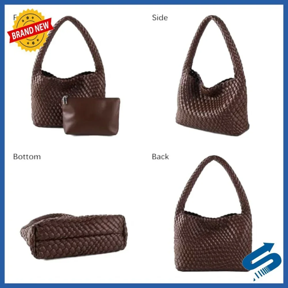 Handmade Woven Vegan Leather Shoulder Tote Bag Elegant Chic Casual